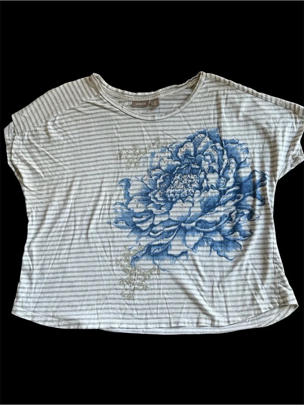 Chico's Short Sleeve Striped Tee with Blue Floral Art!